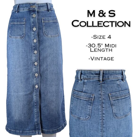 M&S VTG Denim Jean Skirt 4 Blue Midi Pencil 4 Button Front Patch Pockets 90s - Picture 1 of 10